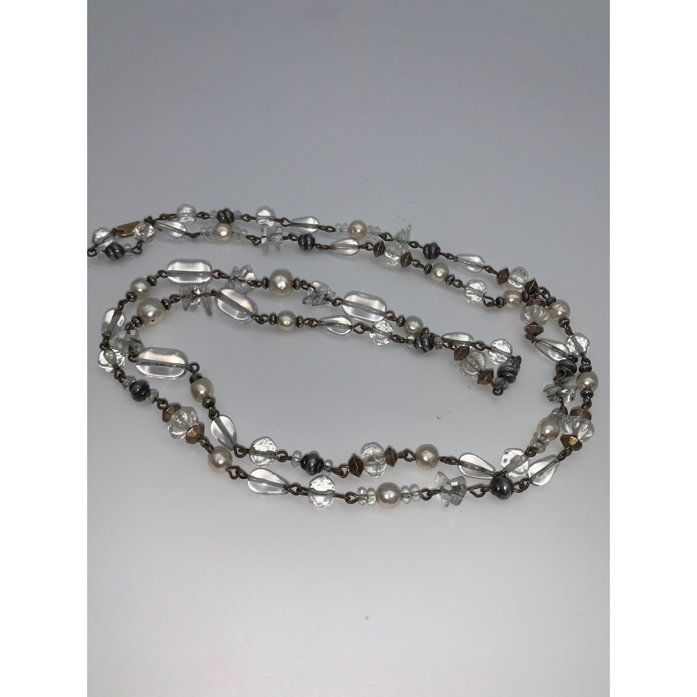 Miriam Haskell Signed 42" Opera Length Faux Pearl Crystal Bead Necklace Gold
